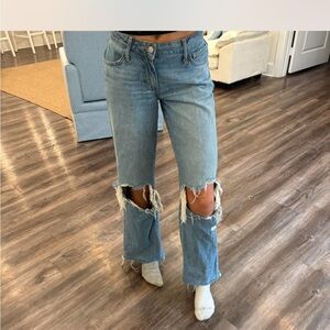 Forever 21 Light Blue Distressed Flare Jeans
